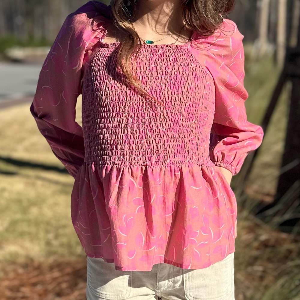 Pink Peplum Blouse with Long Sleeves